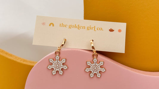 White Snowflake Huggie Hoops