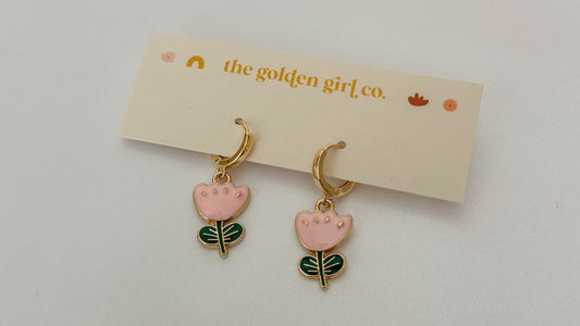 Pink Tulip Huggie Hoops