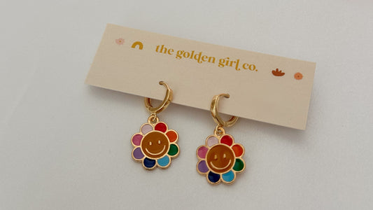 Rainbow Flower Huggie Hoops