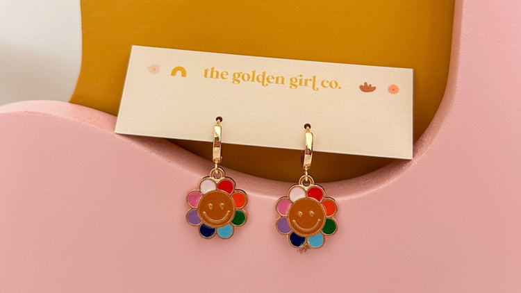 Rainbow Flower Huggie Hoops