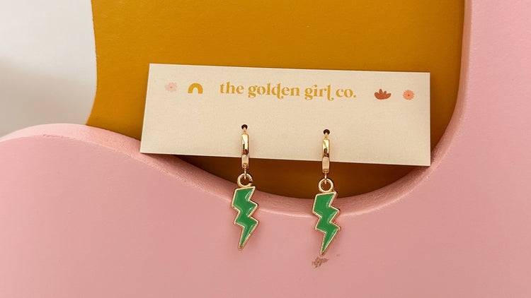 Green Lightning Bolt Huggie Hoops