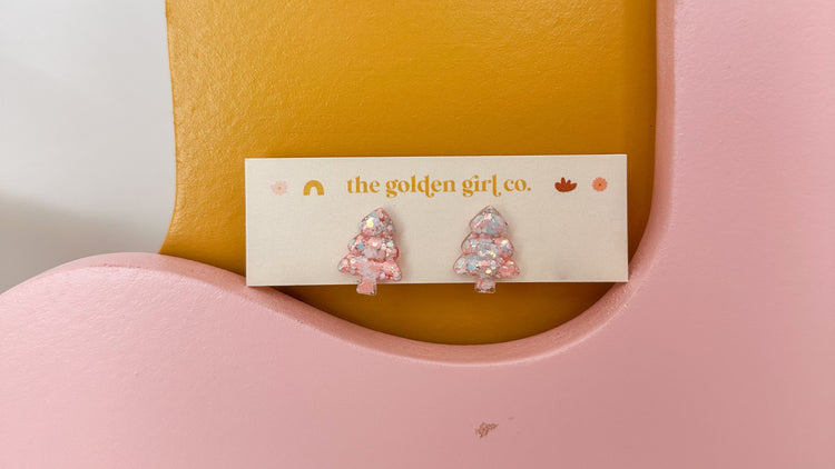 Pink Christmas Tree Studs