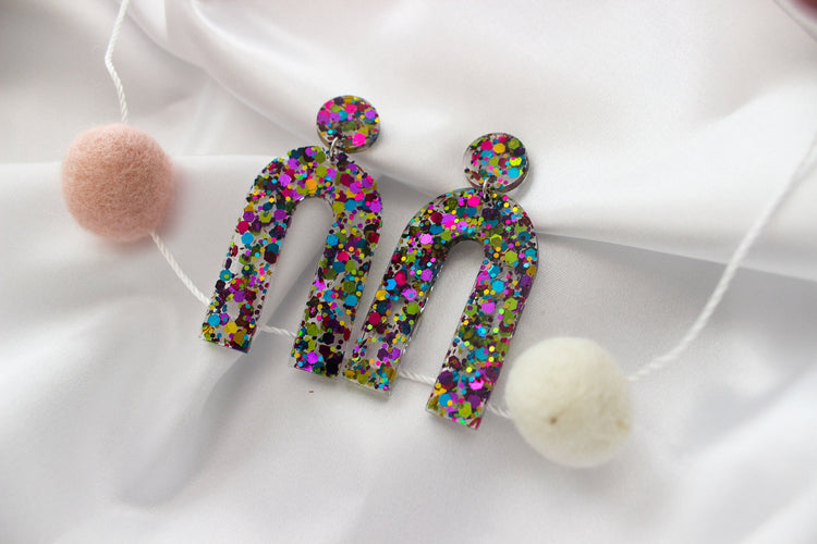 Arch Dangle Resin Earrings | Confetti Glitter Earrings | Party Earrings | Glitter Statement Earrings