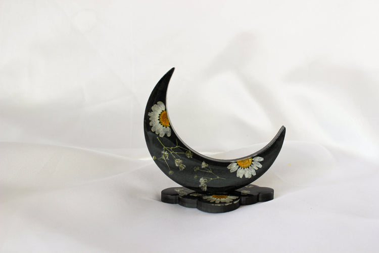 Black Crescent Moon Ring Holder | Resin Ring Holder | Resin Jewelry Stand | Room Decor | Pressed Flowers