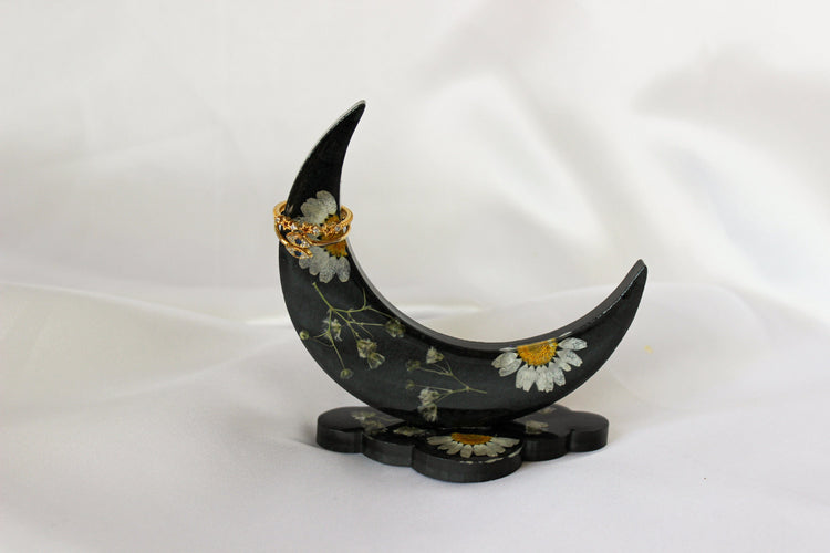 Black Crescent Moon Ring Holder | Resin Ring Holder | Resin Jewelry Stand | Room Decor | Pressed Flowers