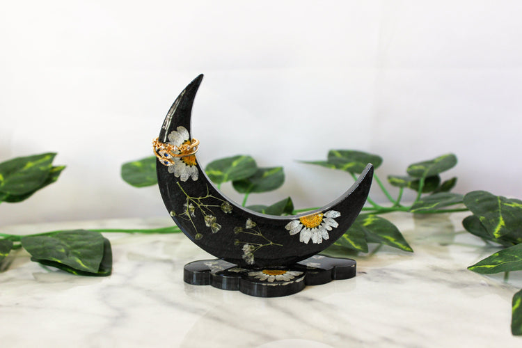 Black Crescent Moon Ring Holder | Resin Ring Holder | Resin Jewelry Stand | Room Decor | Pressed Flowers