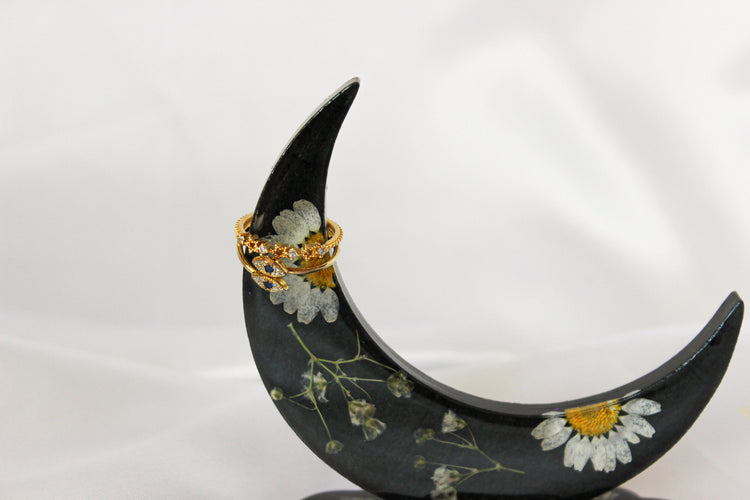 Black Crescent Moon Ring Holder | Resin Ring Holder | Resin Jewelry Stand | Room Decor | Pressed Flowers