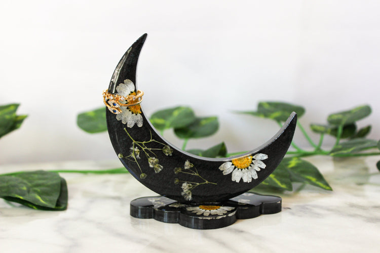 Black Crescent Moon Ring Holder | Resin Ring Holder | Resin Jewelry Stand | Room Decor | Pressed Flowers