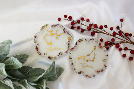 Floral Zodiac Trinket Dishes | Hexagon Resin Coasters | Cottage Core Decor | Floral Confetti Coasters | Nature Decorations | Gift for Her