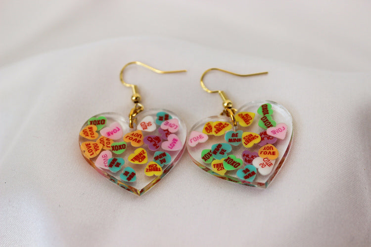 Conversation Heart Resin Earrings | Lightweight Dangle Earrings | Valentine's Day Earrings Women | Gift for Her | Clay Heart Earrings
