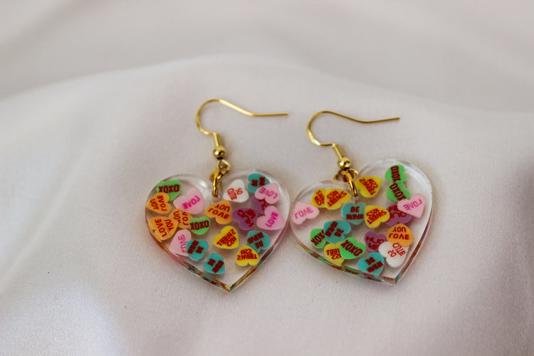 Conversation Heart Resin Earrings | Lightweight Dangle Earrings | Valentine's Day Earrings Women | Gift for Her | Clay Heart Earrings