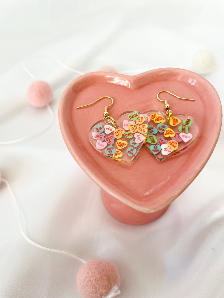 Conversation Heart Resin Earrings | Lightweight Dangle Earrings | Valentine's Day Earrings Women | Gift for Her | Clay Heart Earrings