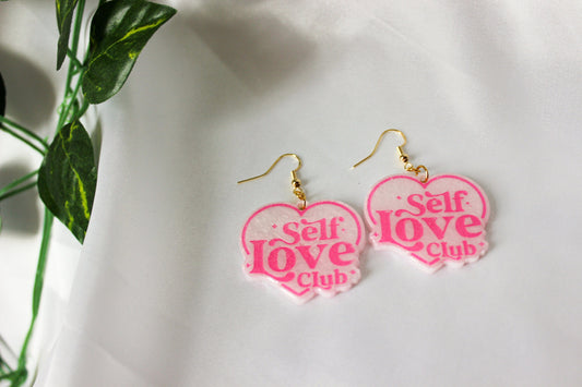 Self Love Club Resin Earrings | White Dangle Earrings | Female Empowerment Earrings | Lightweight Statement Earrings | Hypoallergenic