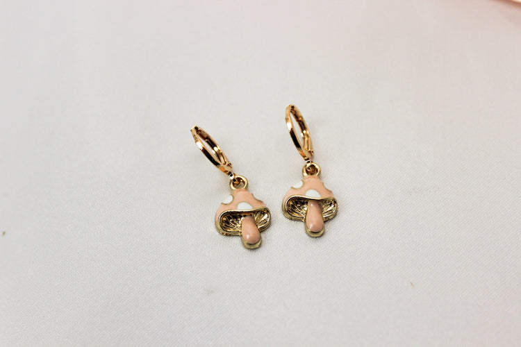 Mushroom Huggie Hoops | Pastel Mushroom Huggie Earrings | Mushie Dangle Earrings | Gift for Her | Dainty Gold Filled Earring