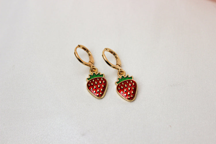 Strawberry Huggie Hoops | Strawberry Huggie Earrings | Fruit Dangle Earrings | Gift for Her | Dainty Gold Filled Earring