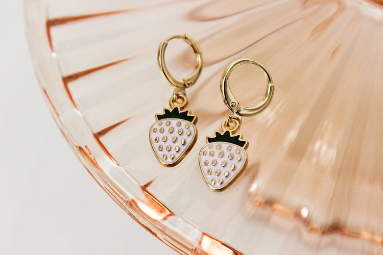 Strawberry Huggie Hoops | Strawberry Huggie Earrings | Fruit Dangle Earrings | Gift for Her | Dainty Gold Filled Earring