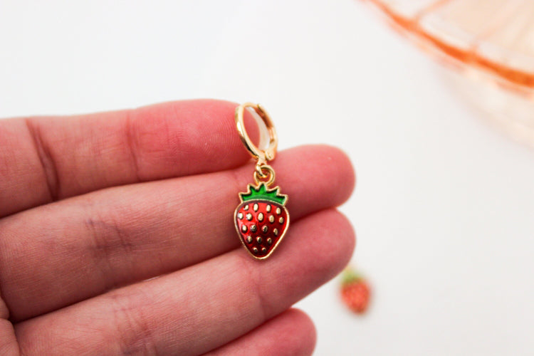 Strawberry Huggie Hoops | Strawberry Huggie Earrings | Fruit Dangle Earrings | Gift for Her | Dainty Gold Filled Earring