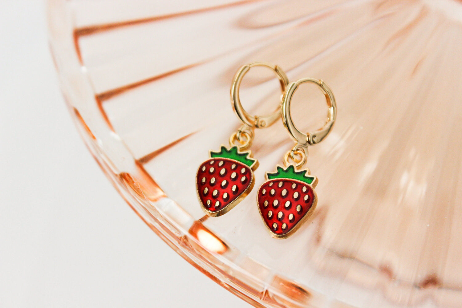 Strawberry Huggie Hoops | Strawberry Huggie Earrings | Fruit Dangle Earrings | Gift for Her | Dainty Gold Filled Earring