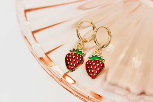 Strawberry Huggie Hoops | Strawberry Huggie Earrings | Fruit Dangle Earrings | Gift for Her | Dainty Gold Filled Earring