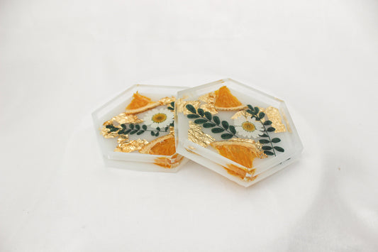 Set of 2 Floral Orange Resin Coasters | Clear Hexagon Coasters | Home Decor | Cottage Core Drink Coasters | Set of 2 Coasters