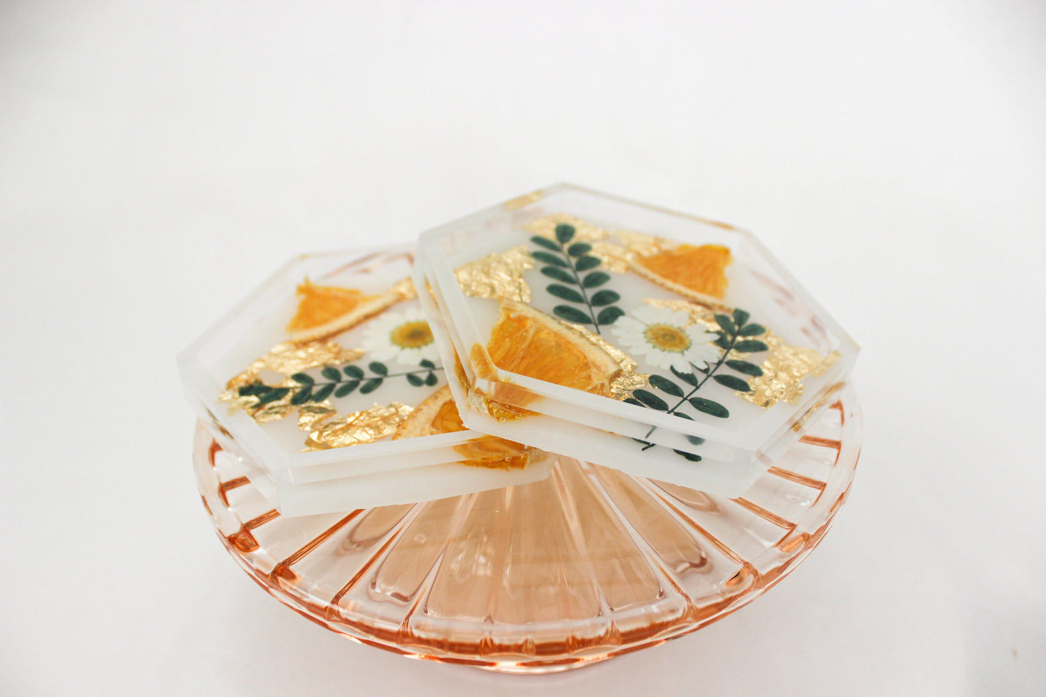 Set of 2 Floral Orange Resin Coasters | Clear Hexagon Coasters | Home Decor | Cottage Core Drink Coasters | Set of 2 Coasters