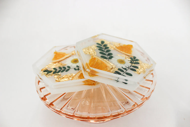 Set of 2 Floral Orange Resin Coasters | Clear Hexagon Coasters | Home Decor | Cottage Core Drink Coasters | Set of 2 Coasters