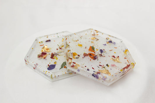 Set of 2 Floral Confetti Resin Coasters | White Hexagon Coasters | Home Decor | Cottage Core Drink Coasters | Set of 2 Coasters