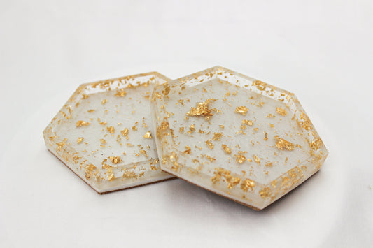 Set of 2 Gold Leaf Resin Coasters | White Hexagon Coasters | Home Decor | Cottage Core Drink Coasters | Set of 2 Coasters