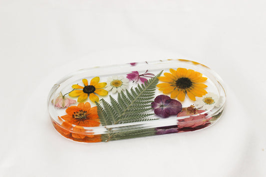 Handmade Resin Pill Tray | Dried Flowers | Bathroom Vanity Tray | Catch All Dish | Trinket Tray | Boho Decor | Bright Floral Resin Tray |