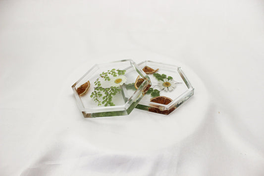 Set of 2 Floral Lemon Resin Coasters | Clear Hexagon Coasters | Home Decor | Cottage Core Drink Coasters | Set of 2 Coasters