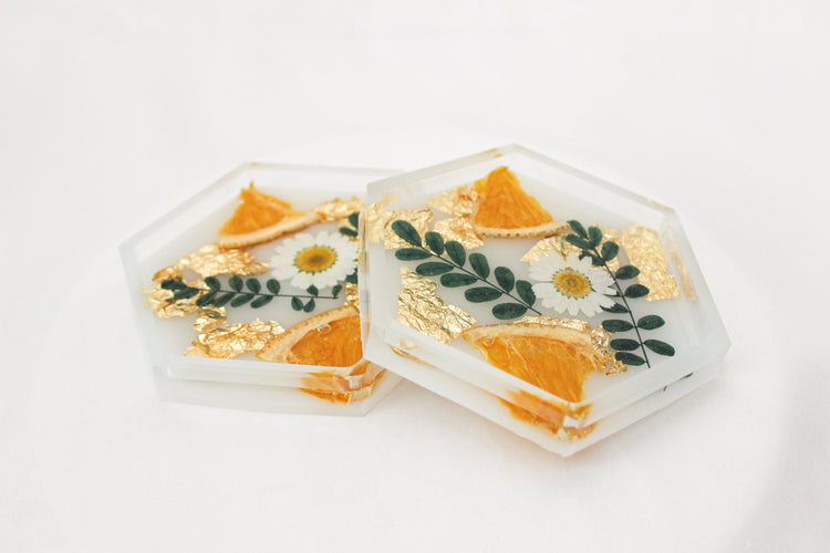 Set of 2 Floral Orange Resin Coasters | Clear Hexagon Coasters | Home Decor | Cottage Core Drink Coasters | Set of 2 Coasters