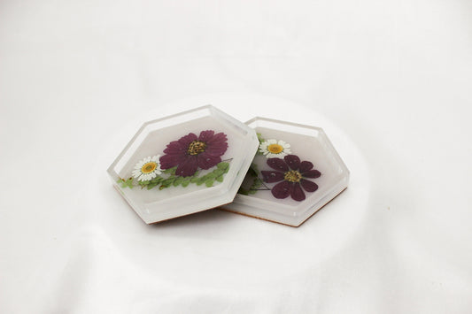 Set of 2 Floral Resin Coasters | White Hexagon Coasters | Home Decor | Cottage Core Drink Coasters | Set of 2 Coasters